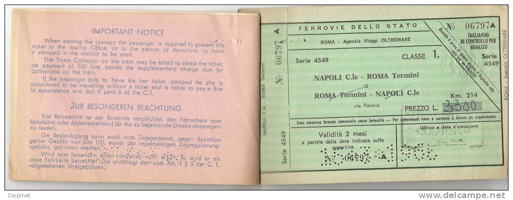 ITALIA - FERROVIE DELLO STATO - 1968  NAPOLI - ROMA O ROMA-NAPOLI - Classe 1 - Europa