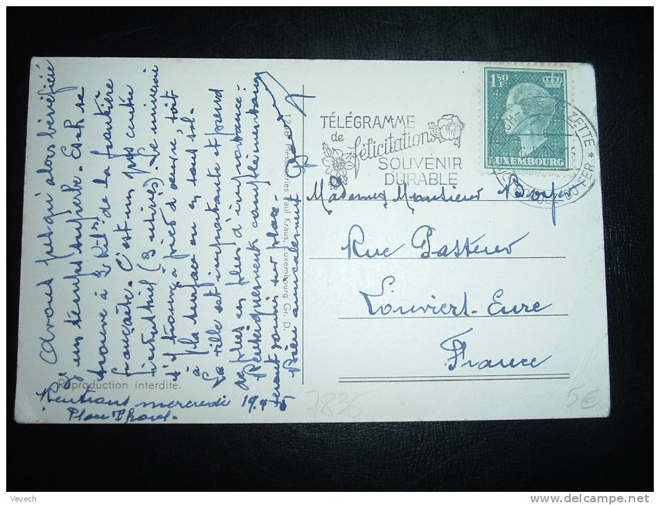 CP TP 1,50 F OBL. MECA. 26.9.55 ESCH-SUR-ALZETTE METROPOLE DU FER  + TELEGRAMME DE FELICITATIONS SOUVENIR DURABLE - 1948-58 Charlotte Linkerkant