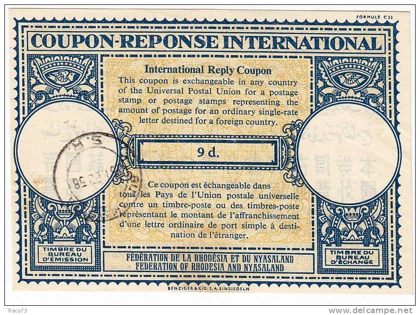 COUPON-REPONSE INTERNATIONAL ( RODESIA-ZIMBABWE ) _ 9 D. - 1958 - Zimbabwe (1980-...)