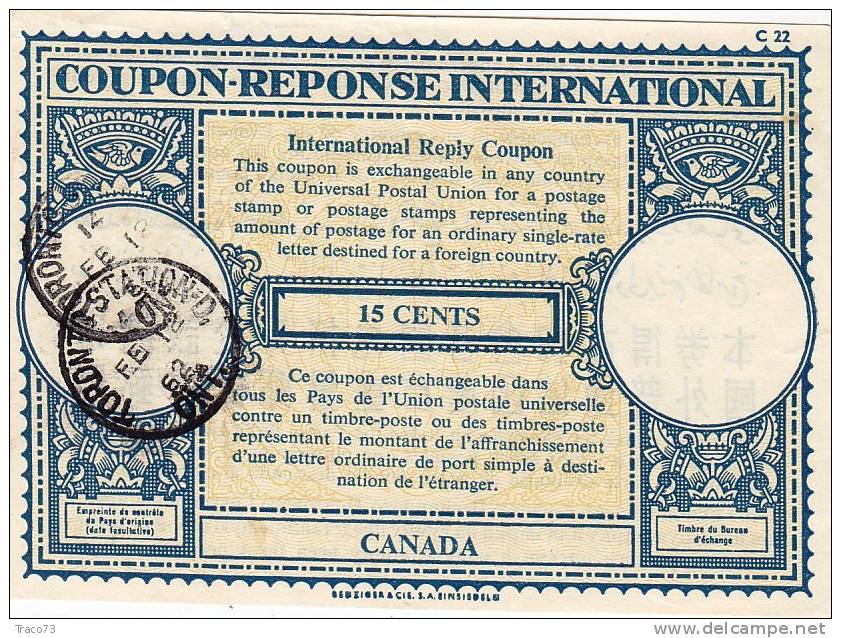 COUPON-REPONSE INTERNATIONAL ( CANADA) _ 15 CENTS - 1962 - Covers & Documents