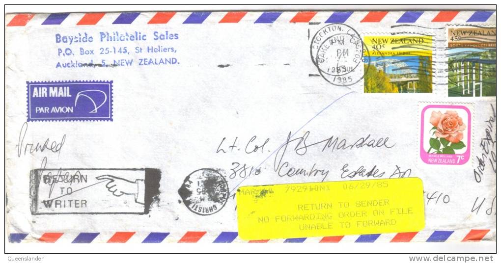 1985 Envelope To USA Marked Return To Writer Christchurch Stampex 1985 Label On Rear - Brieven En Documenten