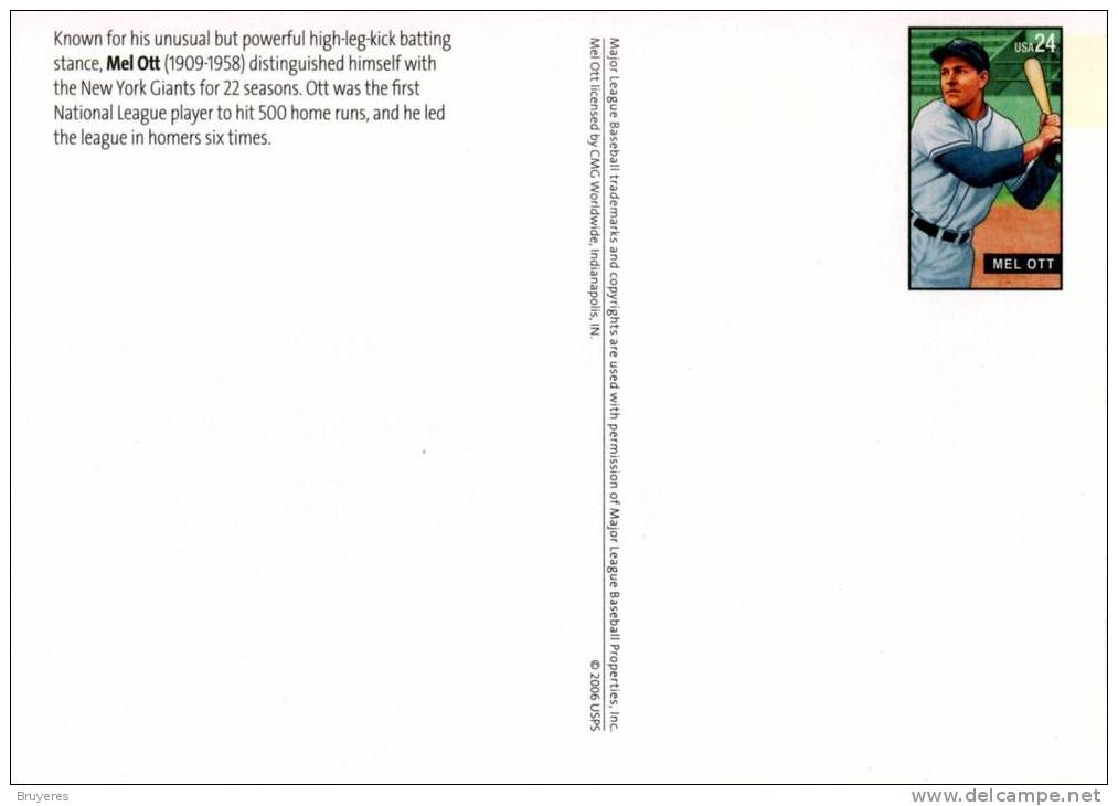 Entier Postal Des USA Sur Carte Postale Avec Timbre Et Illustration "Joueur De Baseball Mel Ott" - 2001-10