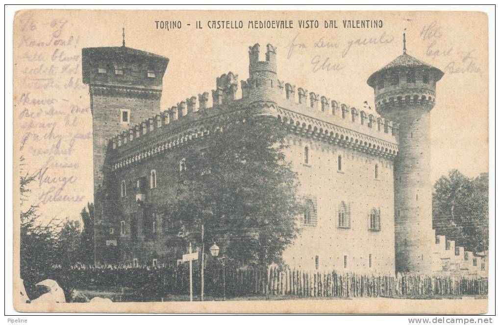 Italy Postcard Il Castello Medioevale Visto Dal Valentino Sent To Denmark Torino 7-6-1904 - Castello Del Valentino