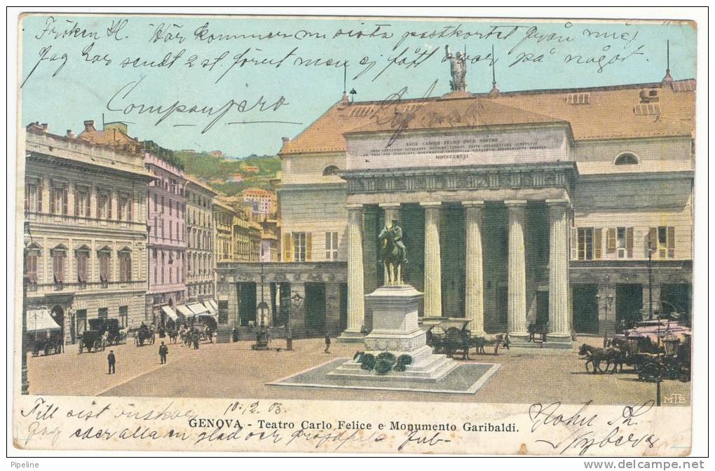 Italy Postcard Genova Teatro Carlo Felice E Monumento Garibaldi Sent To Denmark Genova 10-12-1903 - Genova (Genoa)