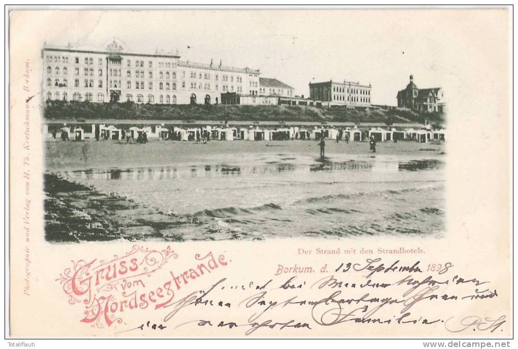 Gruss Vom Nordseestrande BORKUM Strand Mit Hotels Grünlich 12.9.1898 Gelaufen - Borkum