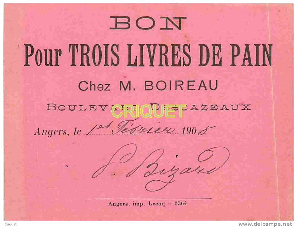 Angers, Bon Pour Trois Livres De Pain Chez M Boireau, Février 1905 - Angers