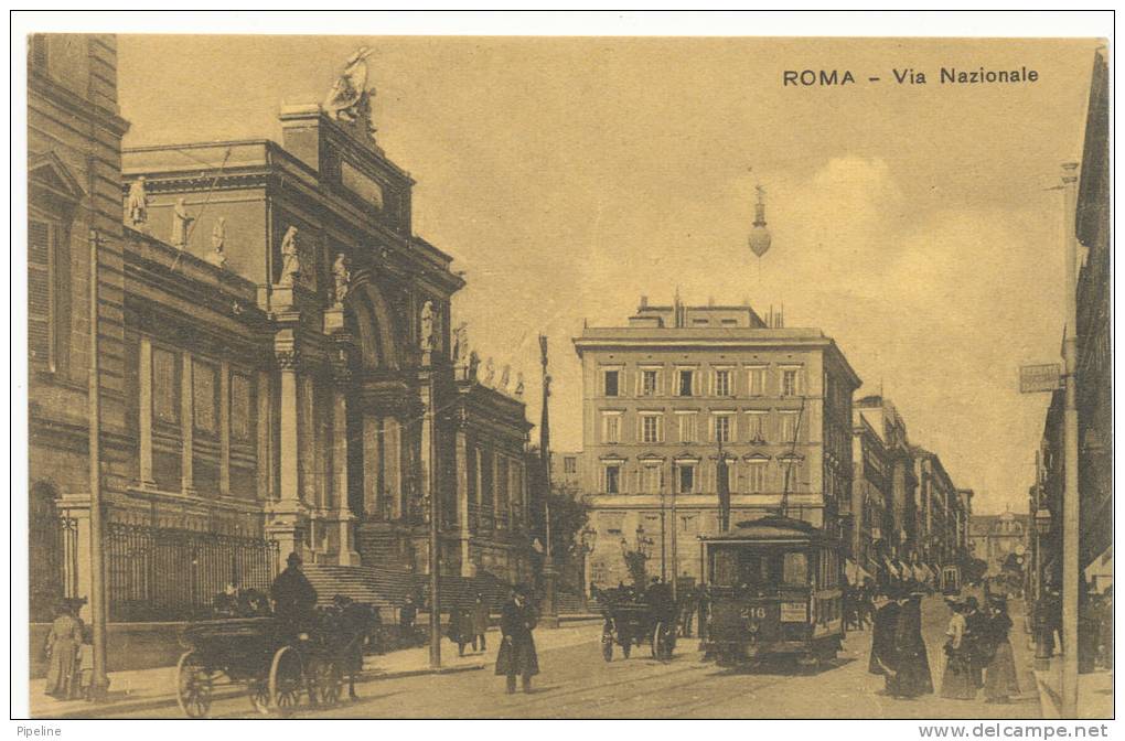 Italy Postcard Roma Via Nazionale In Mint Condition  With Tram And Stage Coach - Autres Monuments, édifices