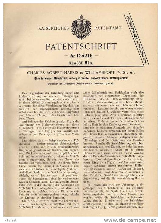 Original Patentschrift - Sessel Mit Rettungsleiter , 1900 , C. Harris In Williamsport , USA , Feuerwehr , Leiter !! - Andere Pläne