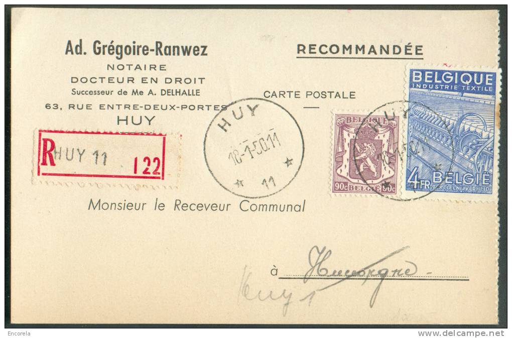 Carte En Recommandé De L´agence De HUY 11 * Le 18-1-1950 Vers Huccorgne - Renvoi Huy 1 - 7706 - Sterstempels