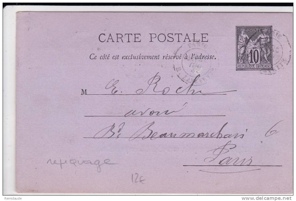 1885 - SAGE - CARTE POSTALE ENTIER Avec REPIQUAGE PRIVE De PARIS - Overprinter Postcards (before 1995)