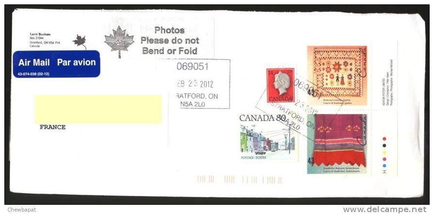 Canada - Lettre 2012- 4 Timbres De Canada/France : 2 Timbres Couvre-lits, 1 Reine, 1 Voiture,rue - Altri & Non Classificati