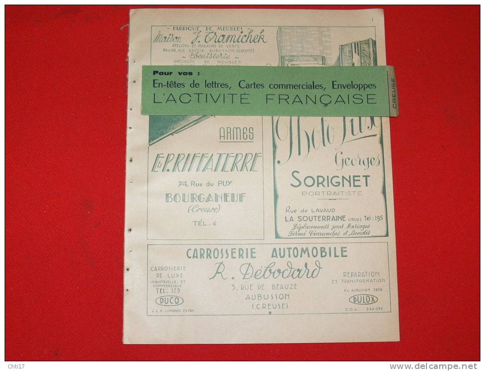 GUERET AUBUSSON BOUSSAC SOUTERRAINE AUZANCES CROCQ COURTINE   / EXTRAIT ANNUAIRE 1948 / COMMERCES ARTISANTS ET INDUSTRIE - Directorios Telefónicos