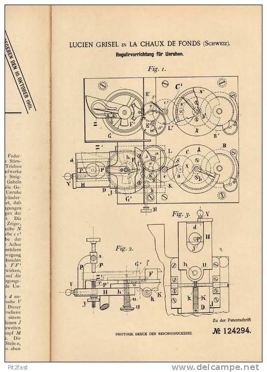 Original Patentschrift - L. Grisel In La Chaux De Fonds , Schweiz , 1900 ,Regulierung Für Unruhen V. Uhren , Chronometer - Other & Unclassified