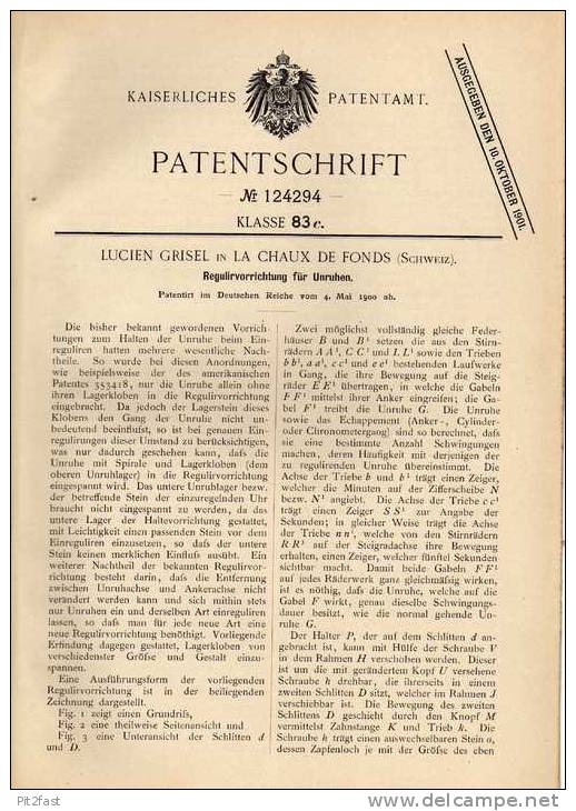 Original Patentschrift - L. Grisel In La Chaux De Fonds , Schweiz , 1900 ,Regulierung Für Unruhen V. Uhren , Chronometer - Sonstige & Ohne Zuordnung