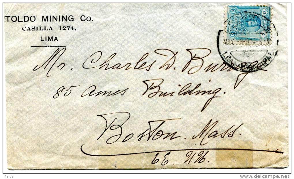 Peru- Cover Posted From "Toldo Mining"Co./ Lima [canc.9.5.1916] To Boston/ Massachusetts-USA - Peru