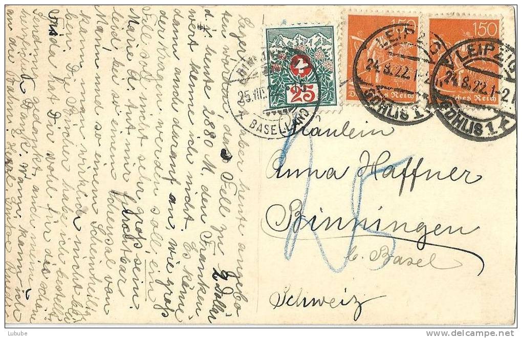 Taxierte Postkarte  Leipzig - Binningen            1922 - Segnatasse