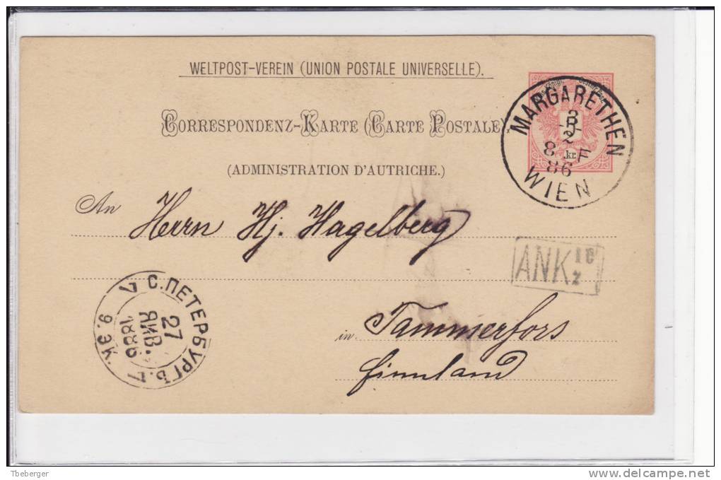 Russia St. Petersburg 1886 Austrian Stationery Postcard Vienna To Tammerfors Rare Transit SPB 9. Expeditiya (e06) - Cartas & Documentos
