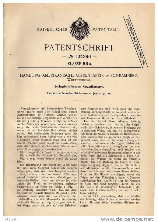 Original Patentschrift - Amerikanische Uhrenfabrik In Schramberg , 1901 , Stoppuhr , Zeitmesser , Uhr !!! - Altri & Non Classificati