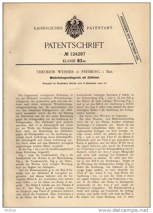 Original Patentschrift - T. Weisser In Freiburg I. Baden , 1900 , Schlagwerk Mit Zählhebel , Uhr !!! - Autres & Non Classés