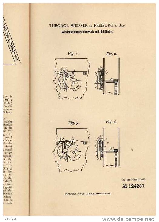 Original Patentschrift - T. Weisser In Freiburg I. Baden , 1900 , Schlagwerk Mit Zählhebel , Uhr !!! - Other & Unclassified