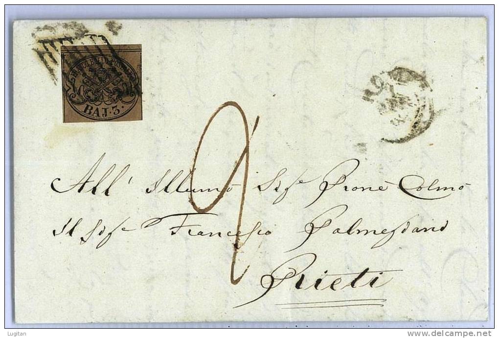 STORIA POSTALE - STATO PONTIFICIO - SASS. 4 Ab - 3 BAJ BRUNO GRIGIASTRO - SEGNO DI TASSAZIONE  LETTERA  - PAPAL STATE - Etats Pontificaux