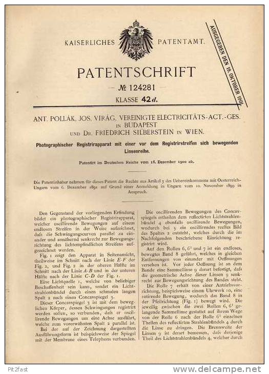 Original Patentschrift - Dr. F. Silberstein In Wien , 1900 , Photographischer Registrierapparat , Photoapparat !!! - Fototoestellen