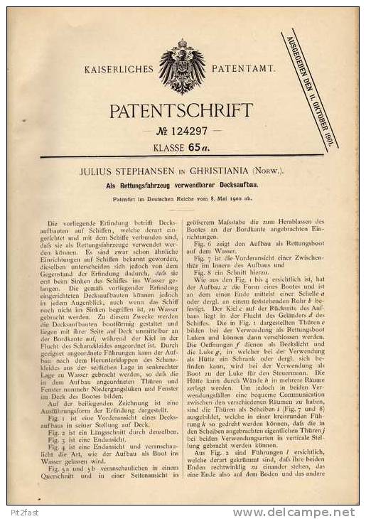 Original Patentschrift - J. Stephansen In Christiana , 1900 , Schiffaufbau Als Rettungsboot , Boot !!! - Altri & Non Classificati