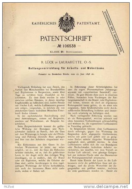 Original Patentschrift - R. Lück In Laurahütte , 1898 , Rettungseinrichtung Für Arbeits- Und Wohnräme , Bergwerk !!! - Architektur