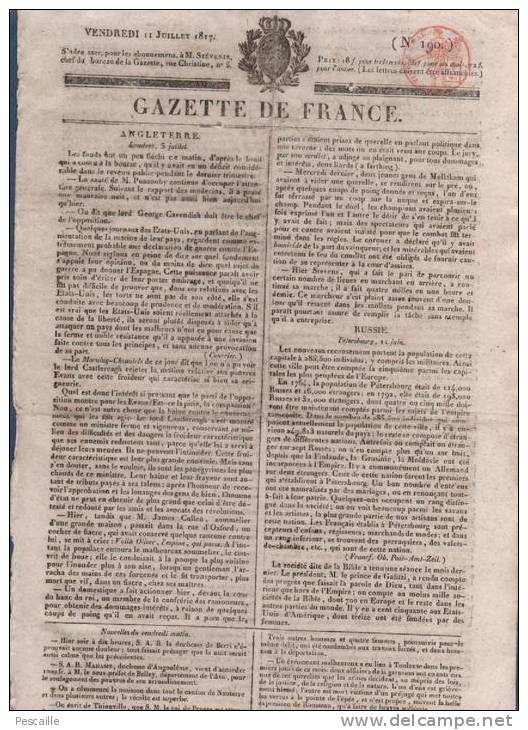 JOURNAL GAZETTE DE FRANCE 11 07 1817 -LONDRES - RUSSIE - BADE - BORDEAUX - TARBES LOUCES - ASSISES PARIS - EPITHETES - 1800 - 1849