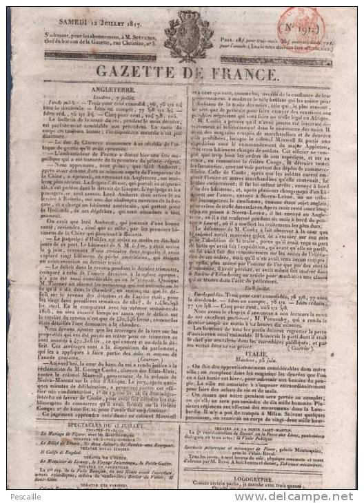 JOURNAL GAZETTE DE FRANCE 12 07 1817 - LONDRES - MANTOUE - CONGO - VIENNE - BERLIN - GENEVE - ZÜRICH - AGEN - TRIBUNAUX - 1800 - 1849