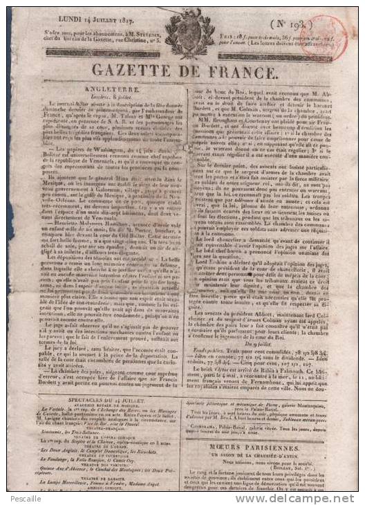JOURNAL GAZETTE DE FRANCE 14 07 1817 - LONDRES - SALON CHAUSSEE D´ANTIN - STRASBOURG - MACHINISME ANGLETERRE - 1800 - 1849