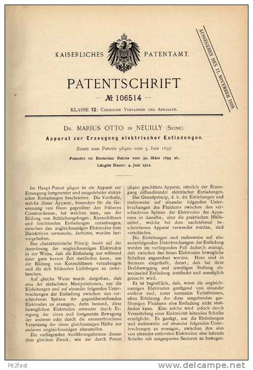 Original Patentschrift - Dr. M. Otto In Neuilly , Seine , 1899 , Apparat Für Elektrische Entladungen !!! - Machines