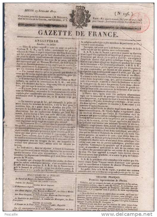 JOURNAL GAZETTE DE FRANCE 17 07 1817 - LONDRES - THEATRE FRANCAIS PHOCION - VIENNE - MARSEILLE - ZÜRICH - - 1800 - 1849