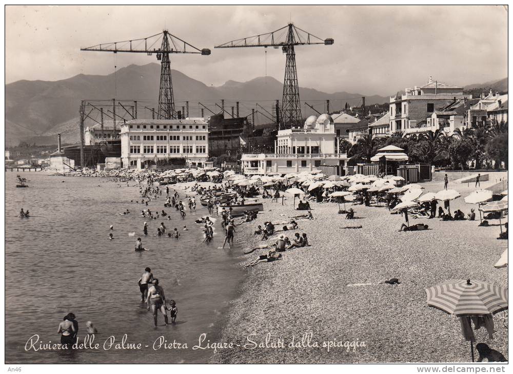 PIETRA LIGURE   -SAVONA- SALUTI DALLA SPIAGGIA VIAGGIATA 1952  BELLA FOTO D´EPOCA ORIGINALE AUTENTIQUE 100% - Savona