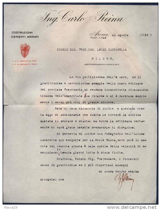 ARONA - NOVARA - 1930 LETTERA COMMERCIALE ING. REINA - CEMENTI ARMATI - Italia