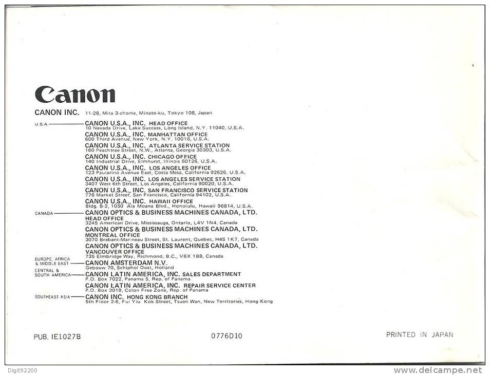 Notice D´emploi Appareil Photo CANON AE-1 - En ANGLAIS - ENGLISH INSTRUCTIONS - Materiaal & Toebehoren