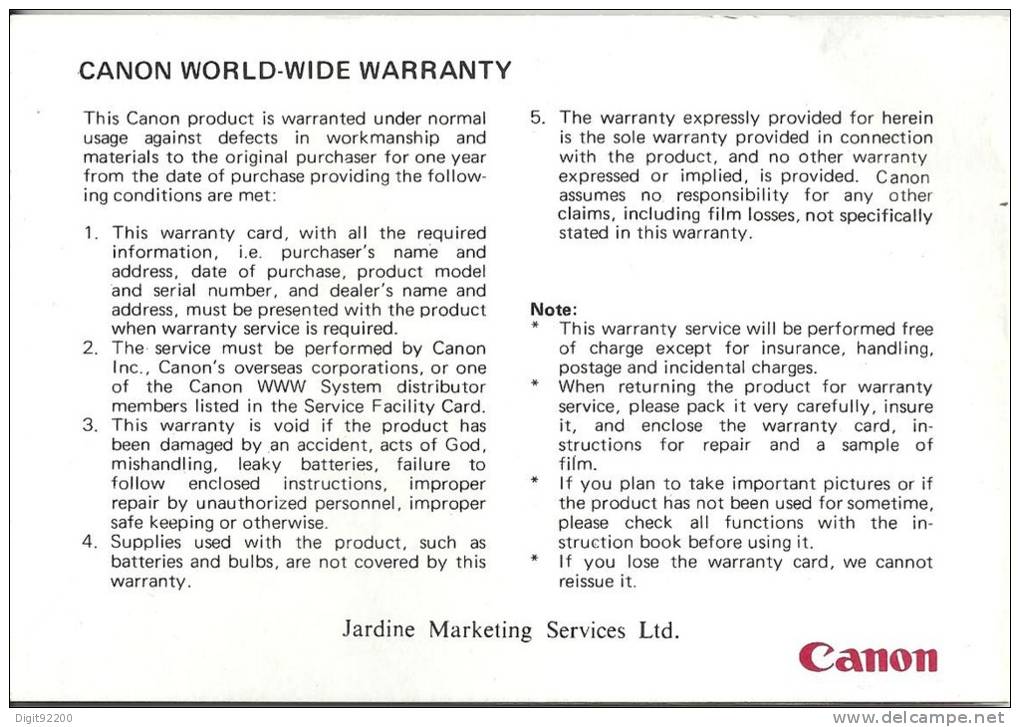 Carte De Garantie - Warranty Card -  Appareil Photo CANON AF35ML - ENGLISH - Matériel & Accessoires