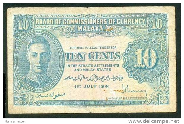 MALAYA , 10 CENTS 1.7.1941. P-8 , UNIFACE - Andere & Zonder Classificatie