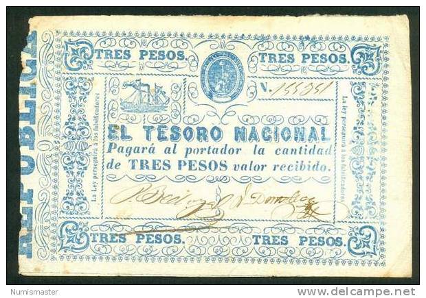 PARAGUAY , 3 PESOS 1865 , P-23 , UNIFACE - Paraguay