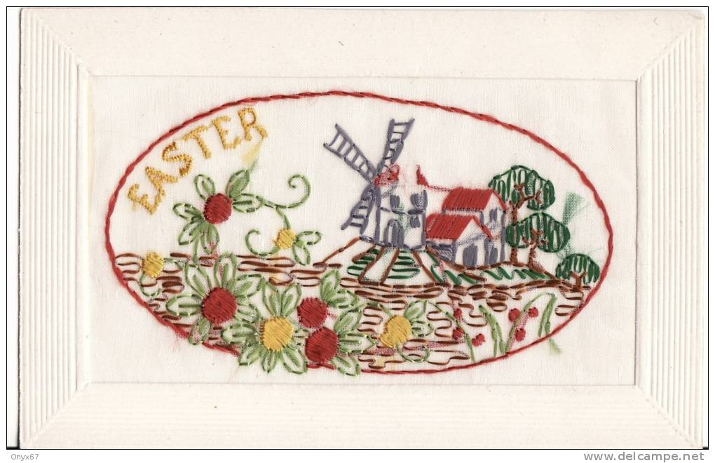 Carte Postale Fantaisie Brodée -  EASTER - MOULIN - - Brodées