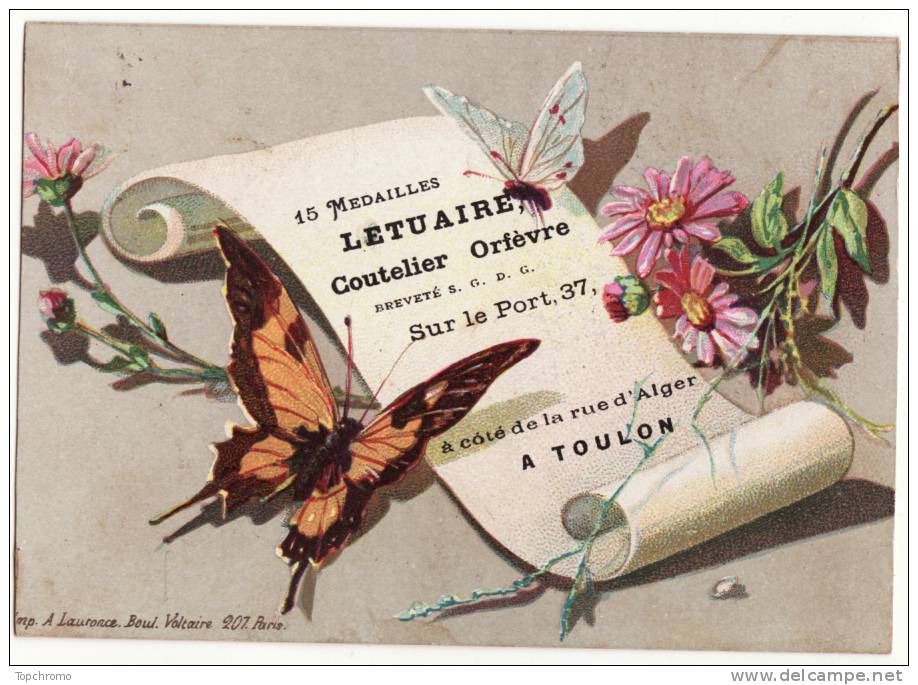 CHROMO Letuaire Coutelier Toulon Fleurs Papillons Parchemin Imprimerie Lauronce - Altri & Non Classificati