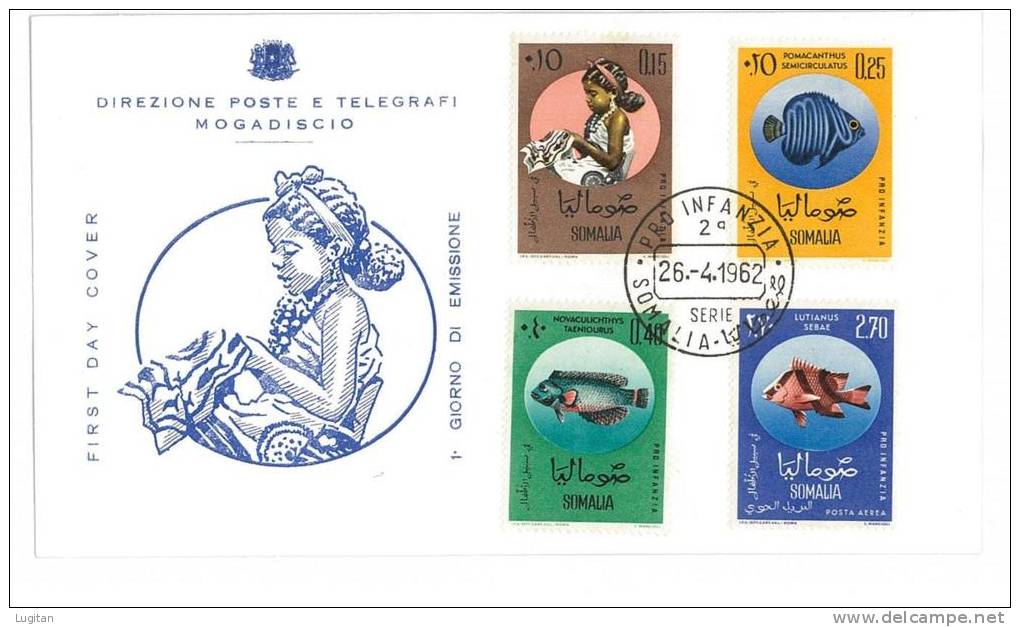 FILATELIA - FDC - SOMALIA AFIS - INFANZIA 1962  - FAUNA ITTICA - Somalia (AFIS)