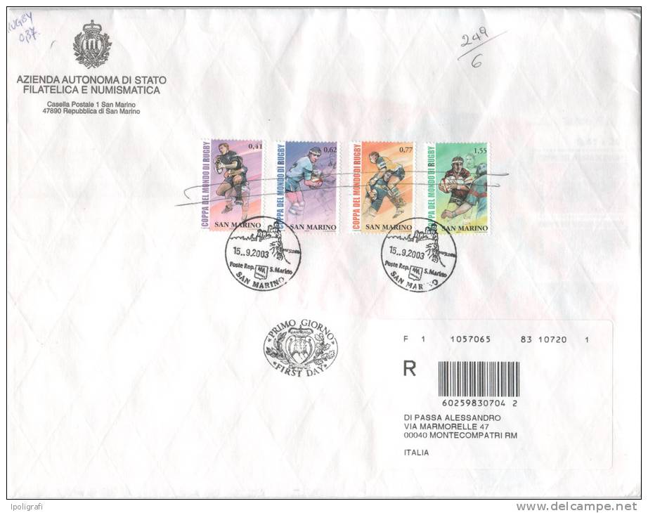 San Marino - 2003 - FDC, Rugby World Cup On Registered Letter, 15-9-2003 - Rugby