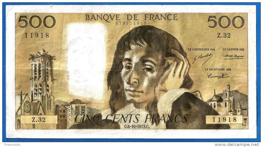 France 500 Francs 1973 Pascal Serie Z 32 Du 4 10 1973  Frcs Frc Europe Paypal Skrill OK - 500 F 1968-1993 ''Pascal''