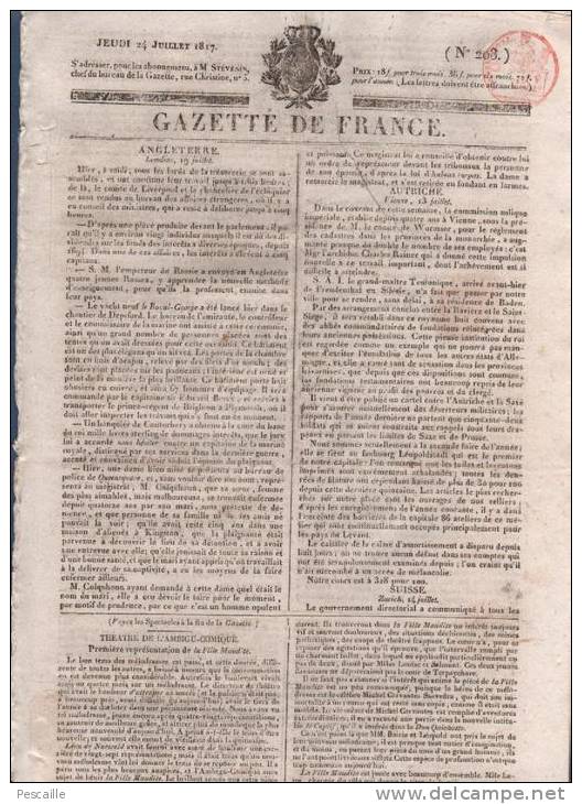 JOURNAL GAZETTE DE FRANCE 24 07 1817 - LONDRES - THEATRE AMBIGU COMIQUE - CIRQUE ECUYERS FRANCONI - VIENNE - ZÜRICH - - 1800 - 1849