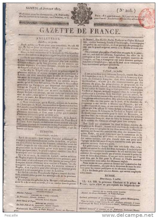 JOURNAL GAZETTE DE FRANCE 26 07 1817  LONDRES - TURQUIE - GALLIPOLI - SUISSE - LILLE - AGRICULTURE - ACADEMIE BEAUX ARTS - 1800 - 1849