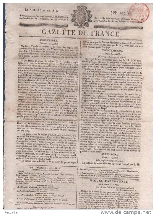 GAZETTE DE FRANCE 28 07 1817 - LONDRES - STUTTGARD - BADE - LES MONTAGNES - TRAITE CONTRE LA SAIGNEE - - 1800 - 1849