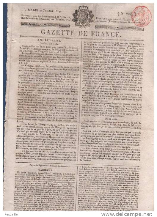 GAZETTE DE FRANCE 29 07 1817 - LONDRES - PAULINE ET BELVAL - VIENNE - BADE - BRUXELLES - THEATRE DES VARIETES EMEUTE - 1800 - 1849