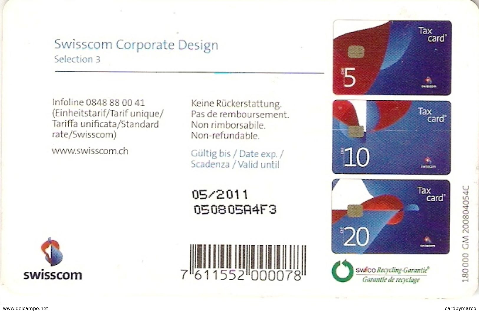 *SVIZZERA - SWISSCOM CORPORATE DESIGN 3* -  Scheda Usata (sc. 05/2011) - Switzerland