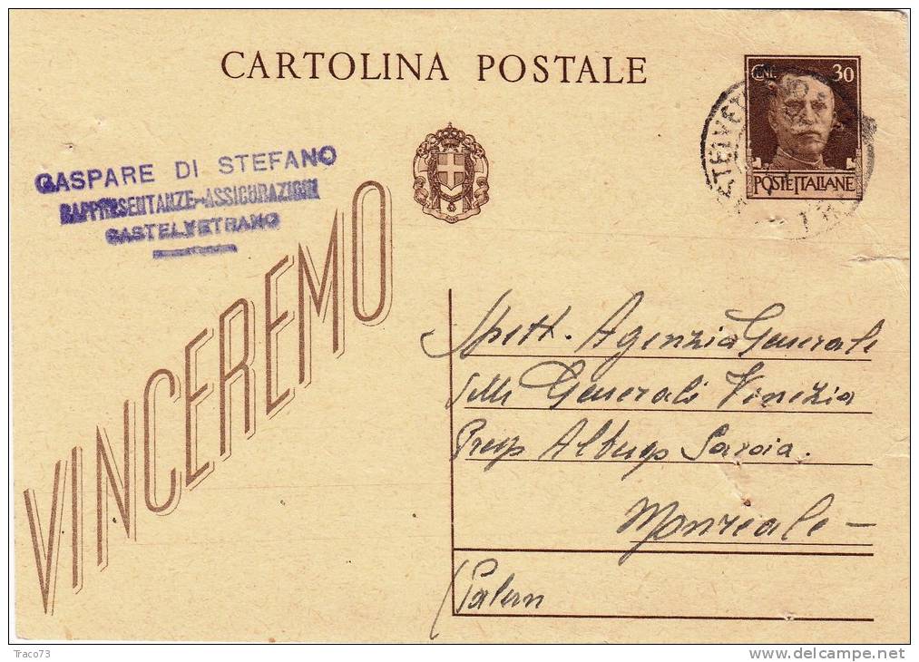CASTELVETRANO  /  MONREALE - Card_ Cartolina Pubblicitaria "Rappr. Ass. G. DI STEFANO " 1943  - Cent. 30 Isolato - Publicité